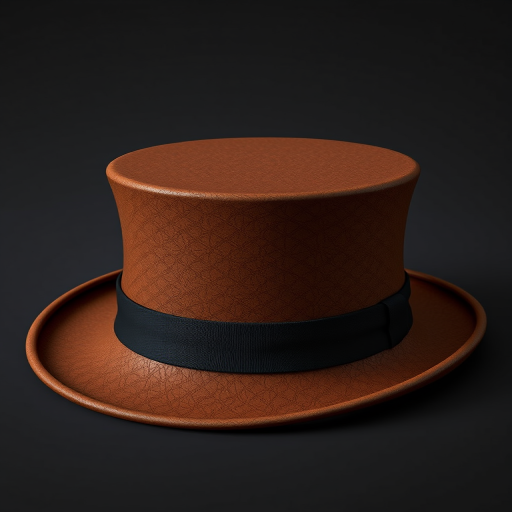Create a highly detailed 3D rendering of a vintage top hat with a rich brown texture and a black band, using a DSLR camera with a 50mm lens, aperture set to f/1.8 for a shallow depth of field, ISO 100, and a soft diffused lighting setup to enhance shadows and highlights.