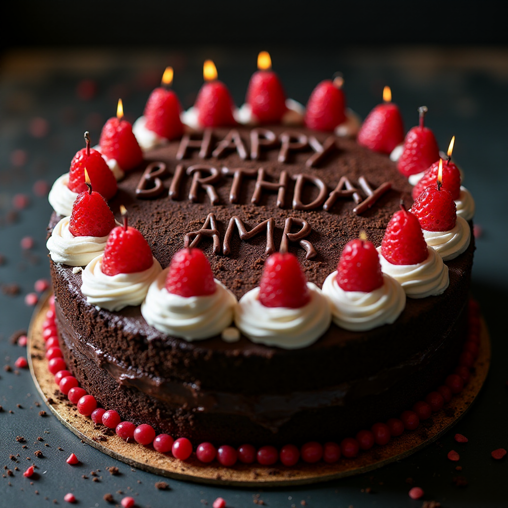 black forest gateau cake, spelling out the words "HAPPY BDAY AMR", tasty, food photography, dynamic shot