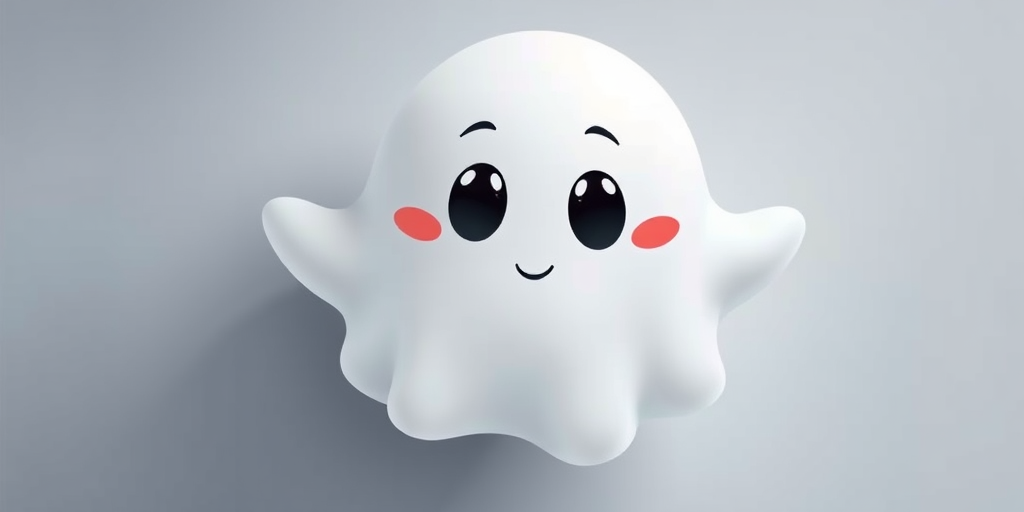 Create a high-resolution digital illustration of a cute, cartoonish ghost with a smooth white surface and expressive black eyes, using a 50mm lens, f/2.8 aperture, ISO 100, overhead view, soft lighting for a welcoming ambiance, captured with a DSLR camera.