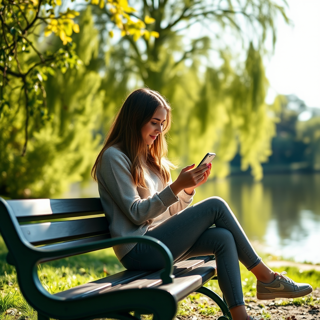 female sitting on a bench by a lake using a smartphone, bright sunlight, shallow depth of field, 50mm lens, f/2.8 aperture, ISO 100, captured with a DSLR camera from a low angle to emphasize the subject and background greenery
