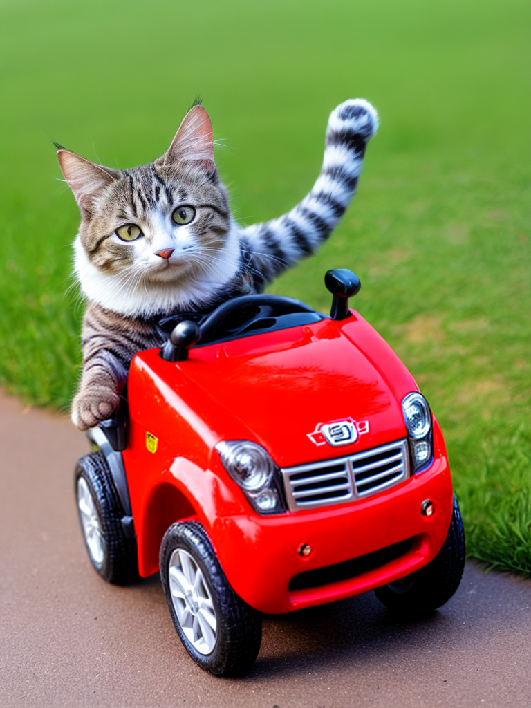 cat driving a red toy car