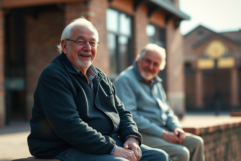 Capture a candid moment of two elderly men sitting on a brick wall, smiling and engaged in conversation, with natural sunlight illuminating their faces, using a DSLR camera with a 50mm lens, aperture f/1.8, ISO 100, shutter speed 1/200s, and a shallow depth of field for a soft background blur, shot from a low angle to emphasize their expressions.