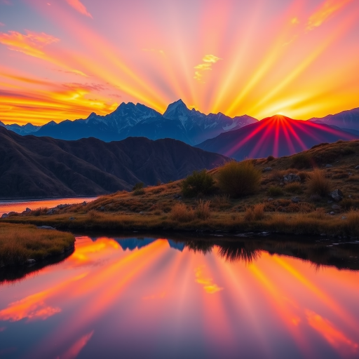 Generate a vibrant, colorful landscape featuring a radiant sunset over mountains with a reflection in the water, using a DSLR camera with a 24mm lens, f/8 aperture, ISO 100, with a panoramic view and HDR settings for enhanced detail and contrast.