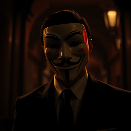 Create an image of a person wearing a Guy Fawkes mask and a suit, captured in a dramatic low-light setting with a Canon EOS R5, 50mm f/1.2 lens, ISO 800, aperture f/1.2, shutter speed 1/60s, using a cinematic style.