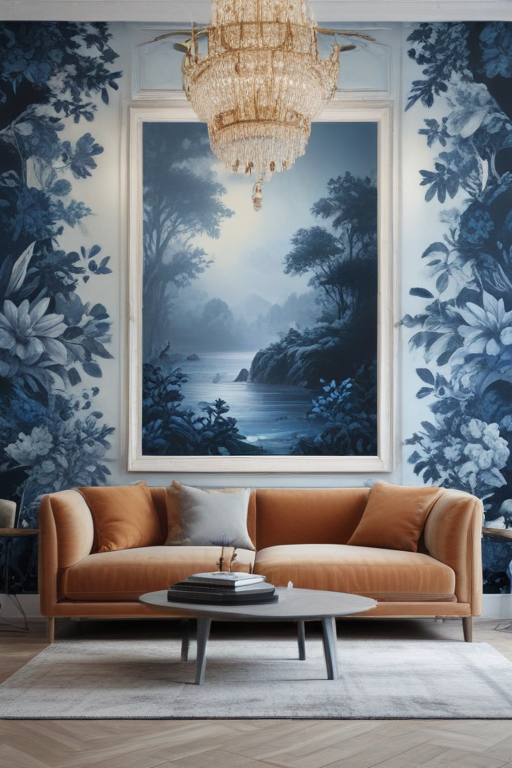 Elegant Living Room Design Featuring Blue Floral Wallpaper and Cozy Sofa
