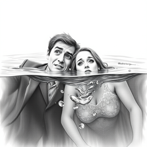 A hyperdetailed photorealistic black and white pencil sketch recreating the iconic scene at the end of Titanic with Jack and Rose floating in the water, only show them making exaggerated funny faces at the camera. Show Rose spitting water at the camera.