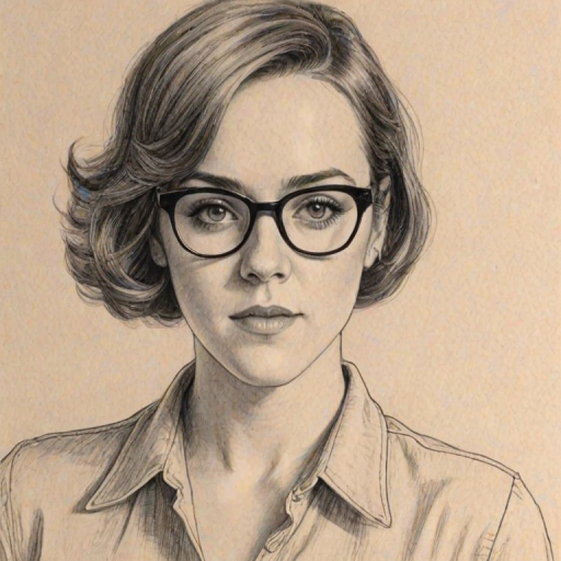 Resplendent Jena Malone, pencil sketch, portrait of Comely woman 1947s in glasses, hair style beatnik, outline, clear lines, fine lines, 8k
