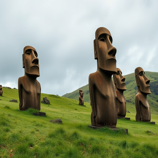 Regenerate an image of four Easter Island Moai statues on a green hillside, captured in high resolution with a Canon EOS R5, using a 24mm lens, f/8 aperture, ISO 100, and a panoramic view to enhance clarity and depth.