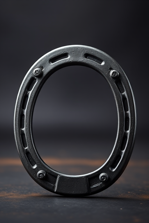 Generate a high-quality image of a horseshoe in a studio setting, using a DSLR camera with a 50mm lens, aperture set to f/2.8, ISO 100, and soft lighting to highlight the texture of the metal.