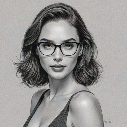 Bewitching Gal Gadot, pencil sketch, portrait of Appealing woman 1951s in glasses, hair style beatnik, outline, clear lines, fine lines, 8k