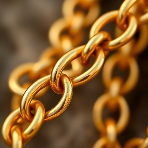 create a high-resolution image of a golden chain with intertwined links, using a DSLR camera at f/2.8, ISO 100, 50mm lens, shot in natural light with a shallow depth of field to enhance detail and focus on the texture of the gold.