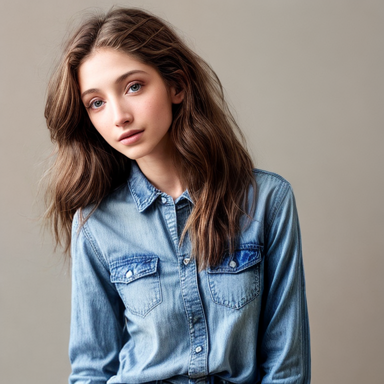 Emily rudd lookalike, brown hair, blue eyes, soft lips, blue denim ...