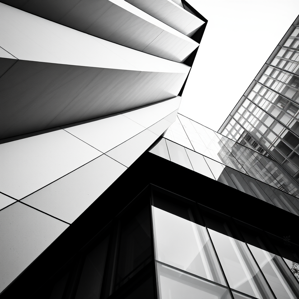 A modern architectural building with a sharp diagonal perspective, showcasing geometric shapes and glass facade, captured with a Canon EOS R5, 24mm lens, f/8 aperture, ISO 100, in black and white mode, under soft natural lighting.