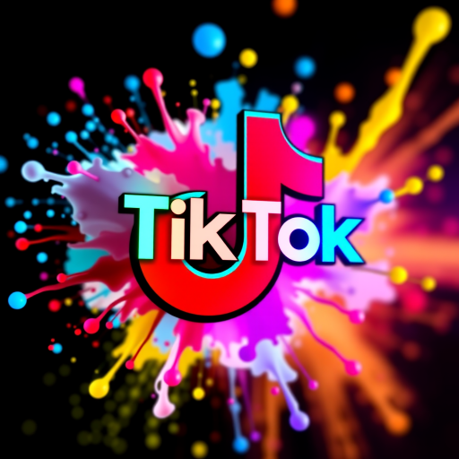 Generate a vibrant TikTok logo with colorful splashes in the background, using a high-resolution camera with a 50mm lens, f/1.8 aperture, ISO 100, and a slight vignette effect for depth.