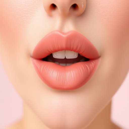 Soft peach matte lips with a subtle ombre effect, emphasizing natural contours and a delicate Cupid's bow, perfect for a fresh-faced daytime look