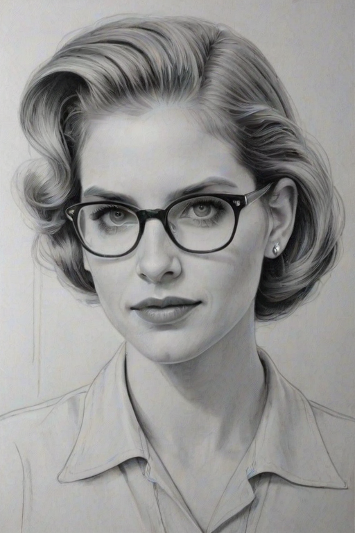 Gorgeous Anna Chlumsky, pencil sketch, portrait of Resplendent woman 1935s in glasses, hair style beatnik, outline, clear lines, fine lines, 8k
