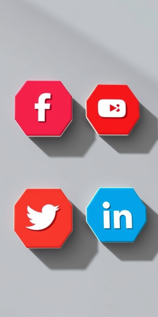 Create a high-resolution image of a hexagonal layout featuring social media icons like Facebook, Google+, YouTube, Pinterest, Twitter, and LinkedIn, with a modern minimalist design, using a 50mm lens at f/2.8, ISO 100, and natural soft lighting.