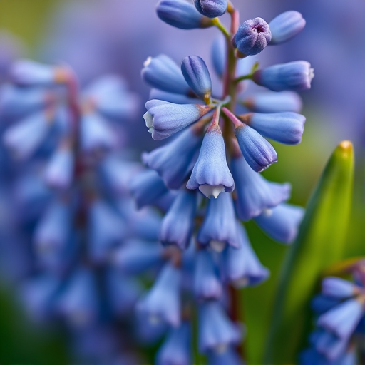 close-up of blue grape hyacinth flowers with detailed textures and soft background, captured with a Canon EOS 5D Mark IV, f/2.8 aperture, ISO 100, 50mm macro lens, natural soft lighting, shallow depth of field
