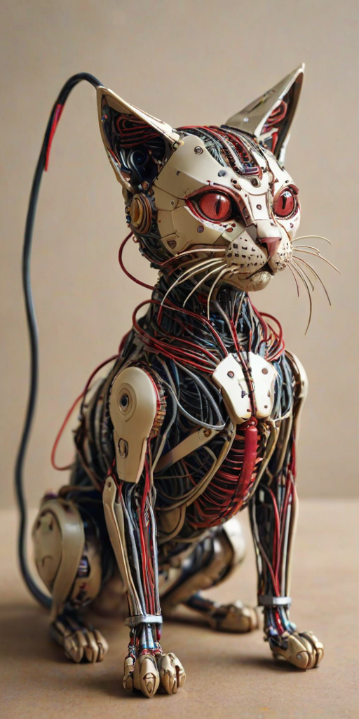 a wired-cyborg cat - made of wires, cables technical parts and beige/red cyberpunk elements