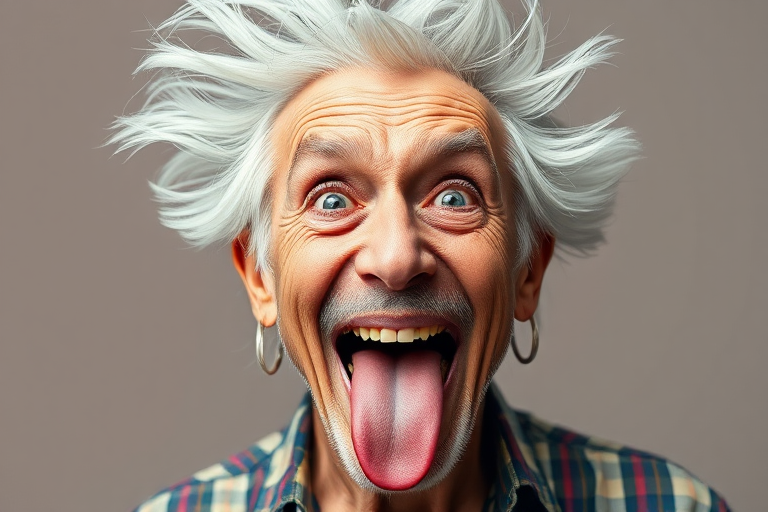 Create a high-resolution illustration of an eccentric older man with wild white hair and a playful expression, sticking out his tongue, in a pop art style, using a DSLR camera with a 50mm lens, aperture set to f/2.8, ISO 100, and soft diffused lighting.