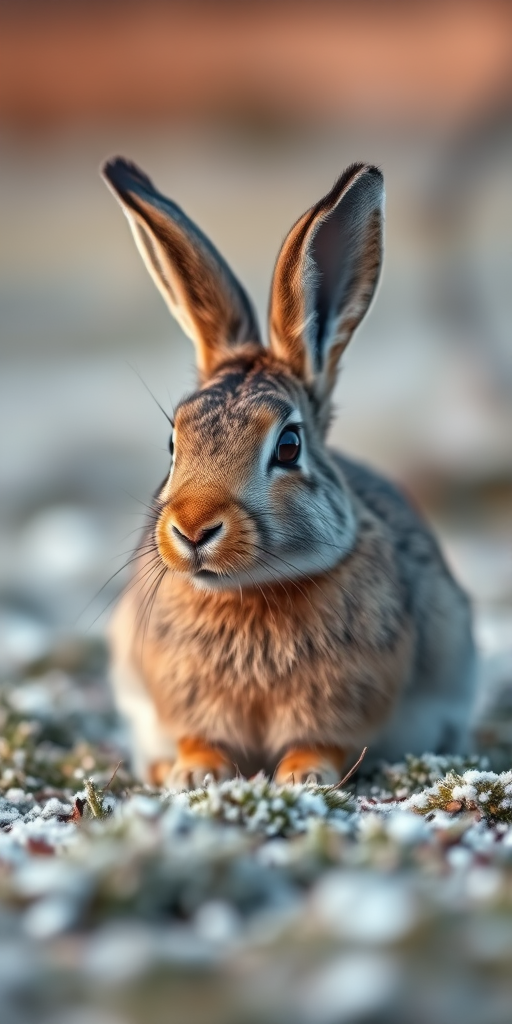 Capture a close-up of a hare sitting on frosty ground, emphasizing its detailed fur and sharp features, with a Canon EOS R5, 85mm f/1.2 lens, aperture set to f/2.8, ISO 100, shutter speed 1/200s, natural light, and soft bokeh background.