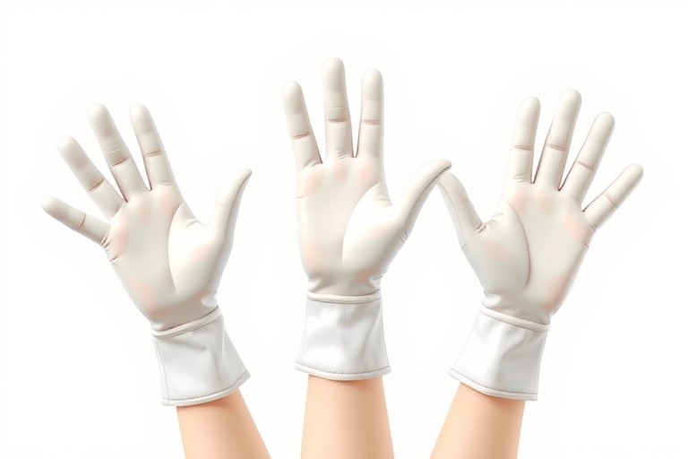 Create an illustration of three cartoonish white gloves making gestures in a playful arrangement, using a DSLR camera, 50mm lens, f/2.8 aperture, ISO 100, soft lighting to enhance details and colors.