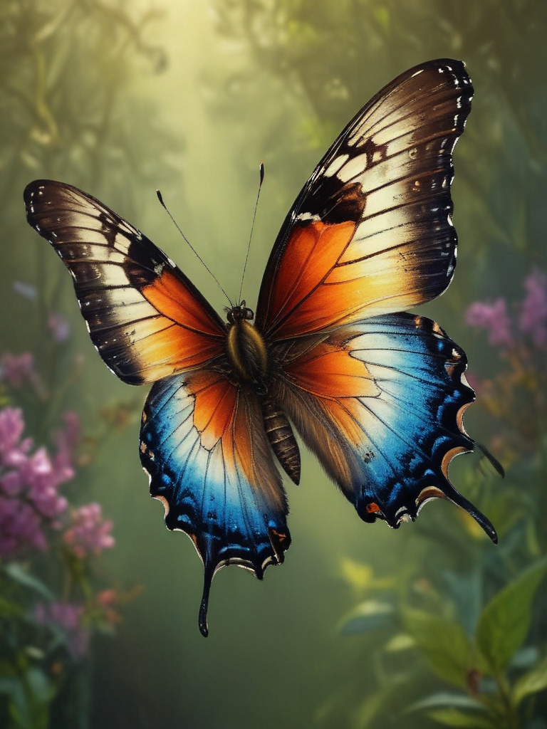 A Majestic Butterfly Displaying Vibrant Colors Amidst a Lush Garden Setting