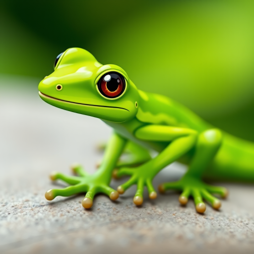 Create a vibrant green lizard illustration with smooth curves and stylized limbs, using a macro lens at f/2.8 aperture, 1/200 shutter speed, and a shallow depth of field for crisp detail against a soft background, capturing the essence of a cartoonish gecko.