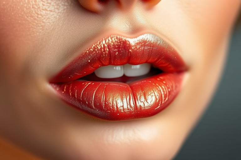 Elegant rose gold "Champagne Kiss" lip gloss illuminates softly curved lips with a lustrous sheen, infused with fine shimmer particles for a luxurious, multidimensional effect