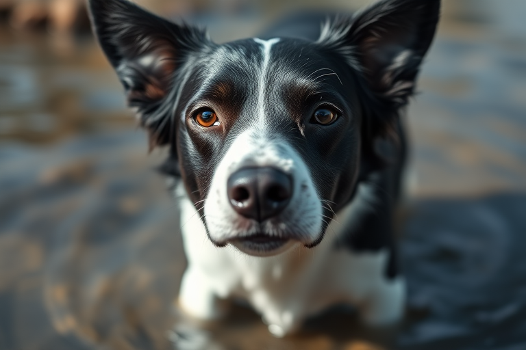 A close-up shot of a black and white dog standing in shallow water, captured with a Canon EOS R5 at f/2.8, ISO 200, 1/200 sec, natural light, focus on the dog's face, shallow depth of field to blur the background.