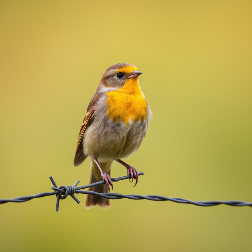 A close-up of a yellow and brown bird perched on a barbed wire fence, soft natural background, ISO 400, f/4, 1/500s, 200mm lens, shot in natural light with a DSLR camera.