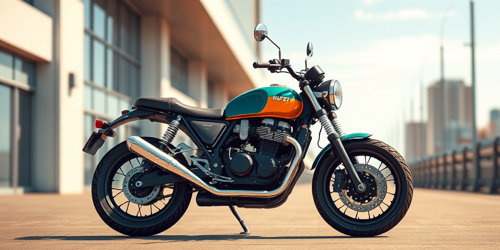 Create a highly detailed and vibrant illustration of a Moto Guzzi V50 motorcycle, set against a minimalist urban background, using a DSLR camera with a 50mm lens, aperture set to f/2.8, ISO 100, shot at a wide angle to capture the motorcycle in sharp focus while blurring the background for depth.