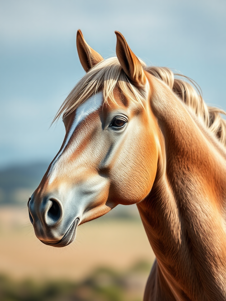 Generate a high-resolution image of a detailed horse illustration with intricate textures and shading, using a Canon EOS R5 camera, 50mm lens, f/1.8 aperture, ISO 100, natural lighting, and a portrait orientation for a clear focus on the subject.