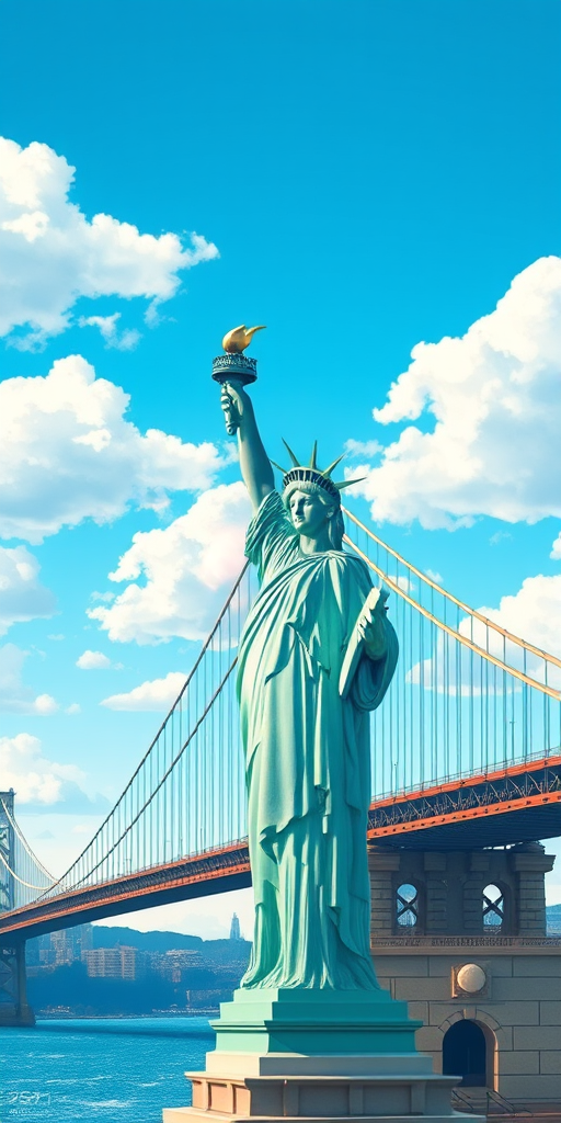 Create a vibrant and modern digital illustration of the Statue of Liberty in the foreground with a stylized suspension bridge in the background, bright blue sky with fluffy clouds, using a digital painting style, sharp focus, high resolution 300 dpi, 50mm lens, f/8 aperture, and soft natural lighting.