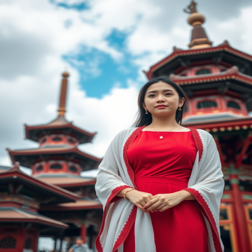 portrait of a woman in a red dress and white shawl standing in front of an ornate pagoda with a cloudy blue sky, shot with a Canon EOS R5, 50mm lens, f/1.8, ISO 200, natural lighting, vibrant colors, shallow depth of field