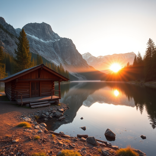 Generate a serene landscape of a wooden cabin by a reflective lake surrounded by towering mountains and lush evergreen trees at sunrise, using a DSLR camera, 35mm lens, aperture f/8, ISO 100, shutter speed 1/250s, and a wide-angle view for enhanced depth and clarity.