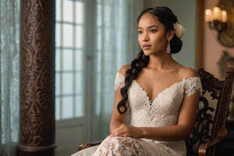 Create a portrait of a refined and elegant Zambo woman seated in a sophisticated setting. She has long, wavy hair styled in two thick braids that are pulled over her shoulders. She wears a white, lace gown with intricate patterns, featuring a deep V-neckline and short sleeves. The dress exudes a vintage charm with its delicate lacework. She is adorned with ornate, dangling earrings that add a touch of glamour to her appearance. The background is softly lit, with warm, ambient lighting that creates a cozy and inviting atmosphere. Her expression is poised and serene, capturing a sense of grace and elegance.