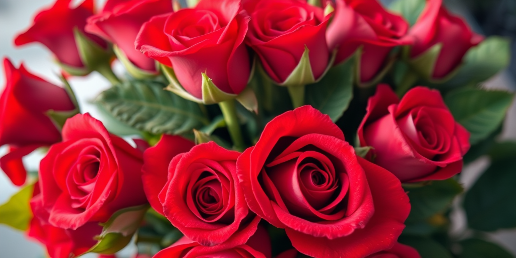 A vibrant bouquet of red roses with green leaves, shot in macro view using a DSLR camera, aperture f/2.8, shutter speed 1/100 sec, ISO 100, with natural soft lighting for enhanced texture and detail.