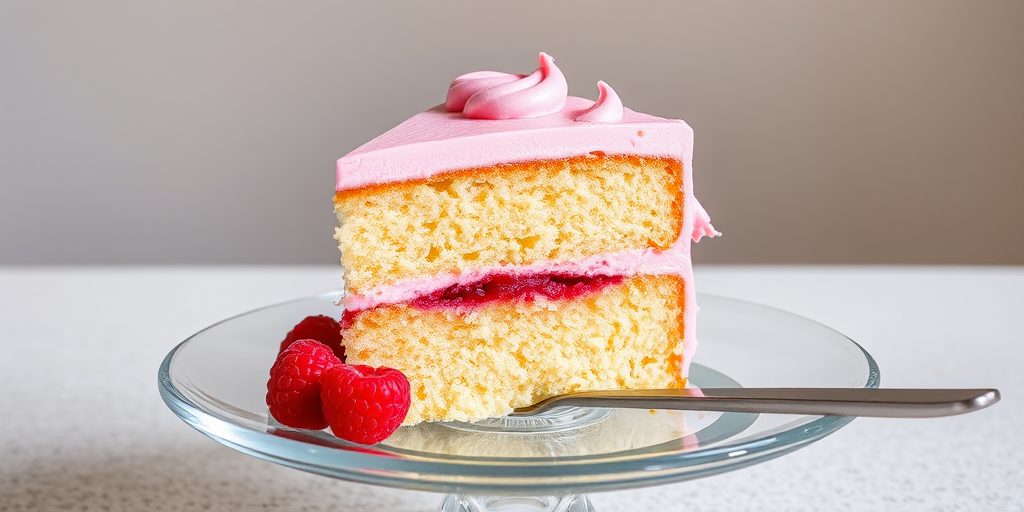 A slice of layered vanilla cake with pink frosting on top and raspberry filling in the middle placed on a clear glass plate with a metal cake server beside it. The background is softly blurred and neutral in color.