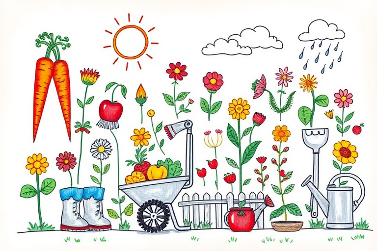 Regenerate a colorful hand-drawn garden theme illustration featuring carrots, gardening boots, flowers, a sun, clouds, rain, a wheelbarrow, a fence, an apple, a shovel, and a watering can, using a DSLR camera with a focal length of 50mm, aperture set to f/2.8, ISO 200, and natural light for enhanced brightness and detail.