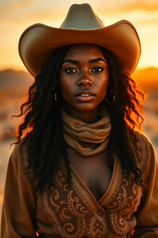 Dramatic photo of a beautiful Afro-Caribbean woman, classic cowboy attire, confident and free spirit expression, half-length portrait, centered, golden hour desert landscape, warm, diffused light, low angle, medium format film camera, in style of Annie Leibovitz.