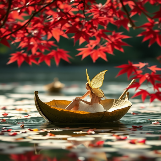 Create an ethereal scene of a fairy in a boat made of a large leaf, with vibrant red maple leaves as a backdrop, captured in soft natural lighting, using a Canon EOS R5 with a 50mm f/1.2 lens, aperture set at f/2.8, ISO 100, and a shallow depth of field to enhance the dreamy quality.