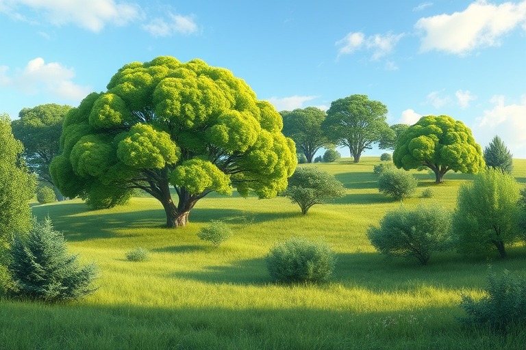 Create a vibrant digital illustration of a lush green landscape featuring various trees and a soft blue sky, captured in a wide-angle view with a Canon EOS 90D, ISO 100, f/8, 1/125s for enhanced detail and depth.