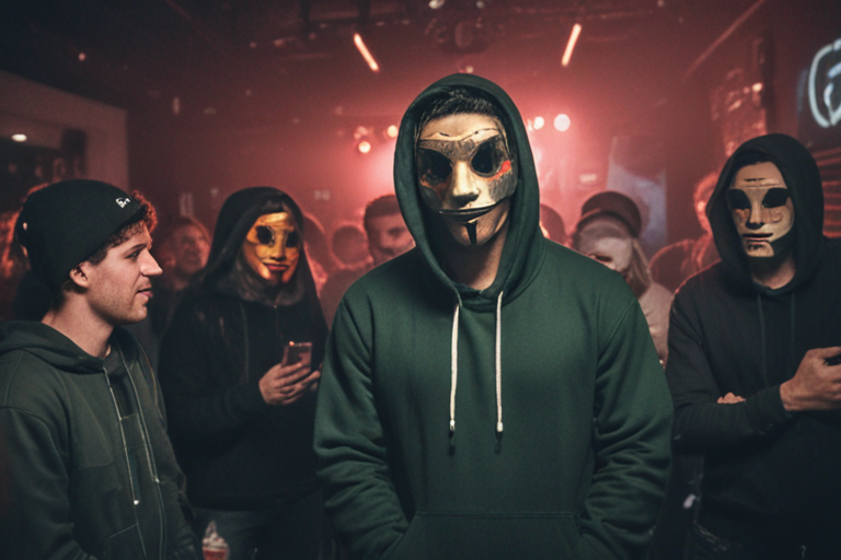 dj with masker and hoodie group in amsterdam in a club