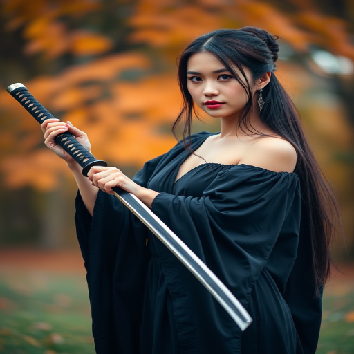 A woman in a flowing black dress holds a katana with a serene expression, soft focus background with warm autumn colors, natural lighting, f/2.8 aperture, 1/200 sec shutter speed, 85mm lens, shot with a DSLR camera in portrait orientation.
