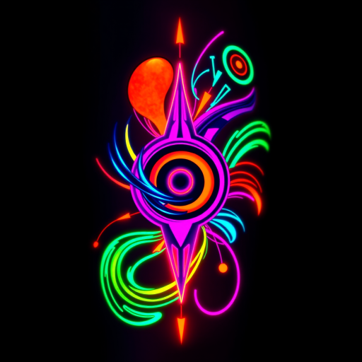 Neon glow tattoo named "Electric Dreams" featuring bright, fluorescent colors that seem to pulse and shimmer under UV light, with abstract shapes and swirling patterns reminiscent of cyberpunk aesthetics and retro-futuristic designs