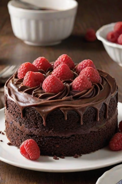 Create an image of a round chocolate cake topped with fresh raspberries and chocolate shavings. The cake should have a smooth chocolate frosting and a slice should be cut out, placed on a small plate next to the whole cake. The setting should have a marble countertop and a few utensils nearby. Ensure the colors are rich and inviting, emphasizing the texture and details of the cake and toppings.