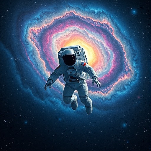 Astronaut floating in space with a vibrant swirling galaxy in the background, detailed line art style, 35mm lens, f/2.8 aperture, ISO 100, captured from a low angle to emphasize depth.