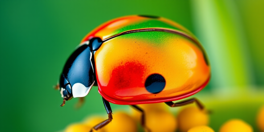 Create a vibrant digital illustration of a colorful ladybug with a segmented shell featuring red, green, yellow, and blue sections, using a 50mm lens at f/2.8, in macro photography style, taken with a DSLR camera for enhanced detail and clarity.