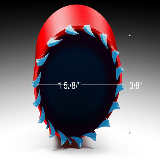 Detailed illustration of a hole saw with a red body and blue teeth, showing measurements of 1 5/8 in and 3/8 in, captured in high resolution with a macro lens, f-stop 2.8, ISO 100, 1/200 sec exposure, front view, studio lighting to enhance details and contrast.